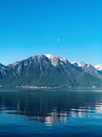 Scenic view of lake by mountains against clear blue sky