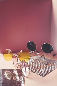 Close-up of christmas decorations on yellow background