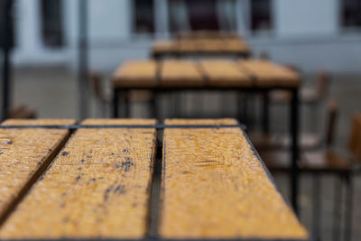 Close-up of bench on table