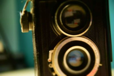 Close-up of vintage camera at home