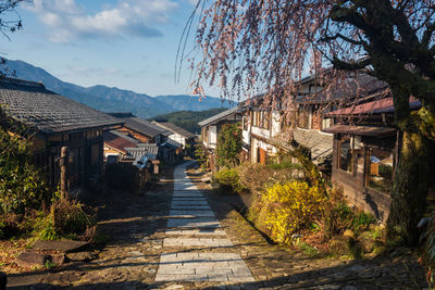 Walking trail of magome juku preserved town with pink cherry blossom and blue sky, kiso valley