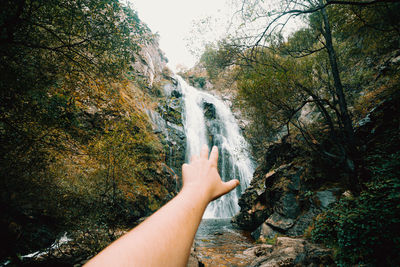 Cropped image of person against waterfall in forest