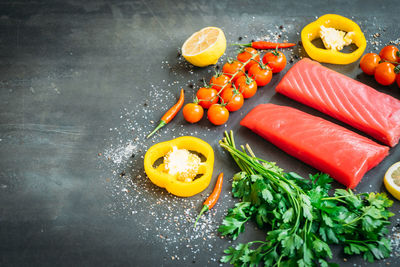 High angle view of food on table