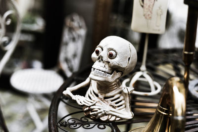 Close-up of skeleton on table