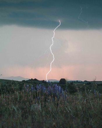 Scenic view of lightning over field against sky