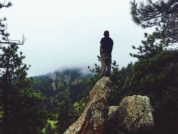 Low angle view of man standing on rock during foggy weather