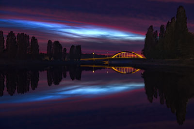 Reflection of buildings in lake at sunset