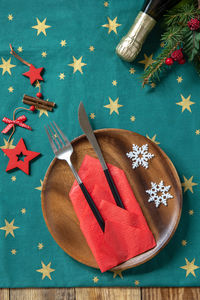 High angle view of christmas decoration on table