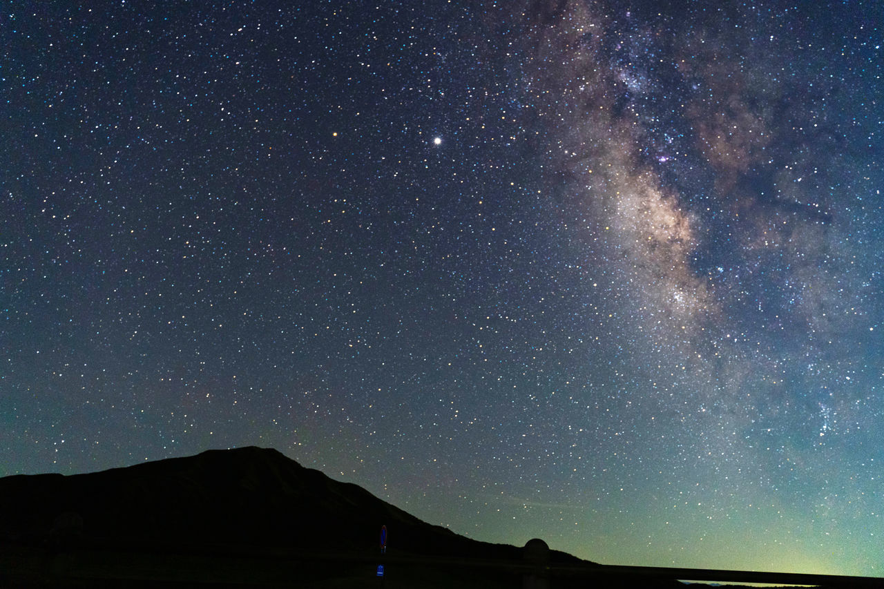 SCENIC VIEW OF SILHOUETTE MOUNTAIN AGAINST STAR FIELD