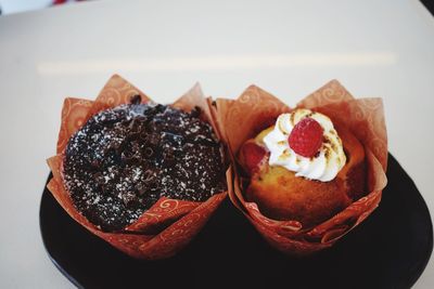 High angle view of dessert in plate on table