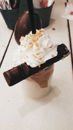High angle view of ice cream on table