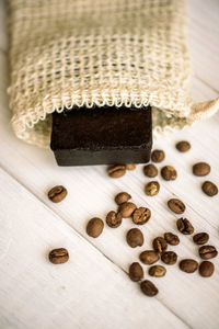 High angle view of coffee beans on table