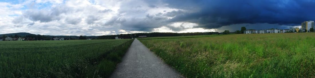 Panoramic view of green landscape against sky