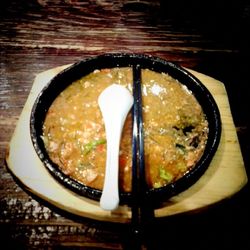 High angle view of food in plate on table