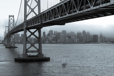 View of suspension bridge in city