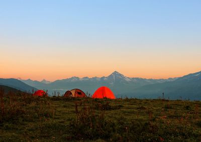 Scenic view of field against clear sky during sunset