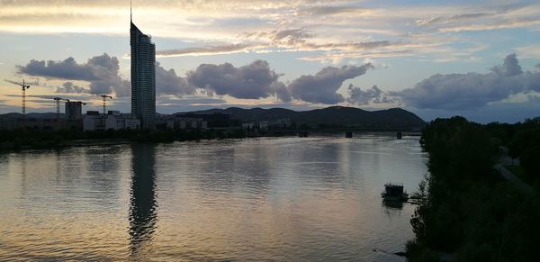 Scenic view of lake against cloudy sky