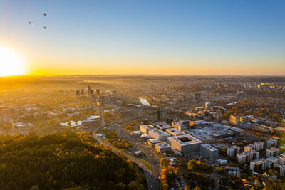 High angle view of townscape against sky during sunset
