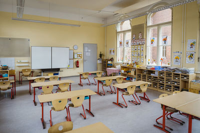 Neat classroom with racks and furniture at school