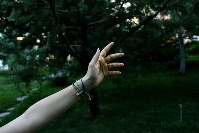 Cropped image of hand covered with glitter against trees