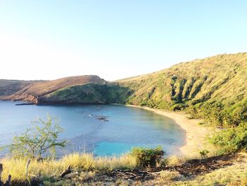 Scenic view of calm sea against clear sky