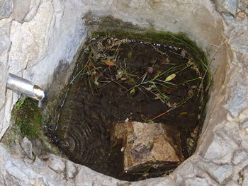 High angle view of water flowing through rocks