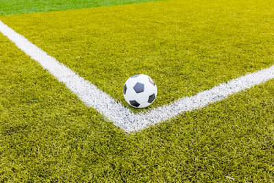 High angle view of soccer ball on field