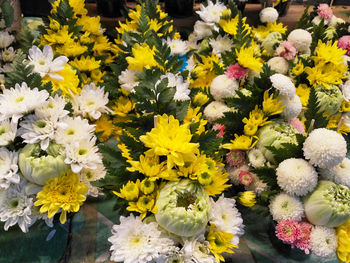 High angle view of various flowers at market