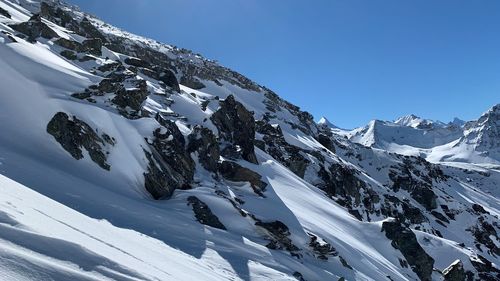 Scenic view of snow covered mountains against sky