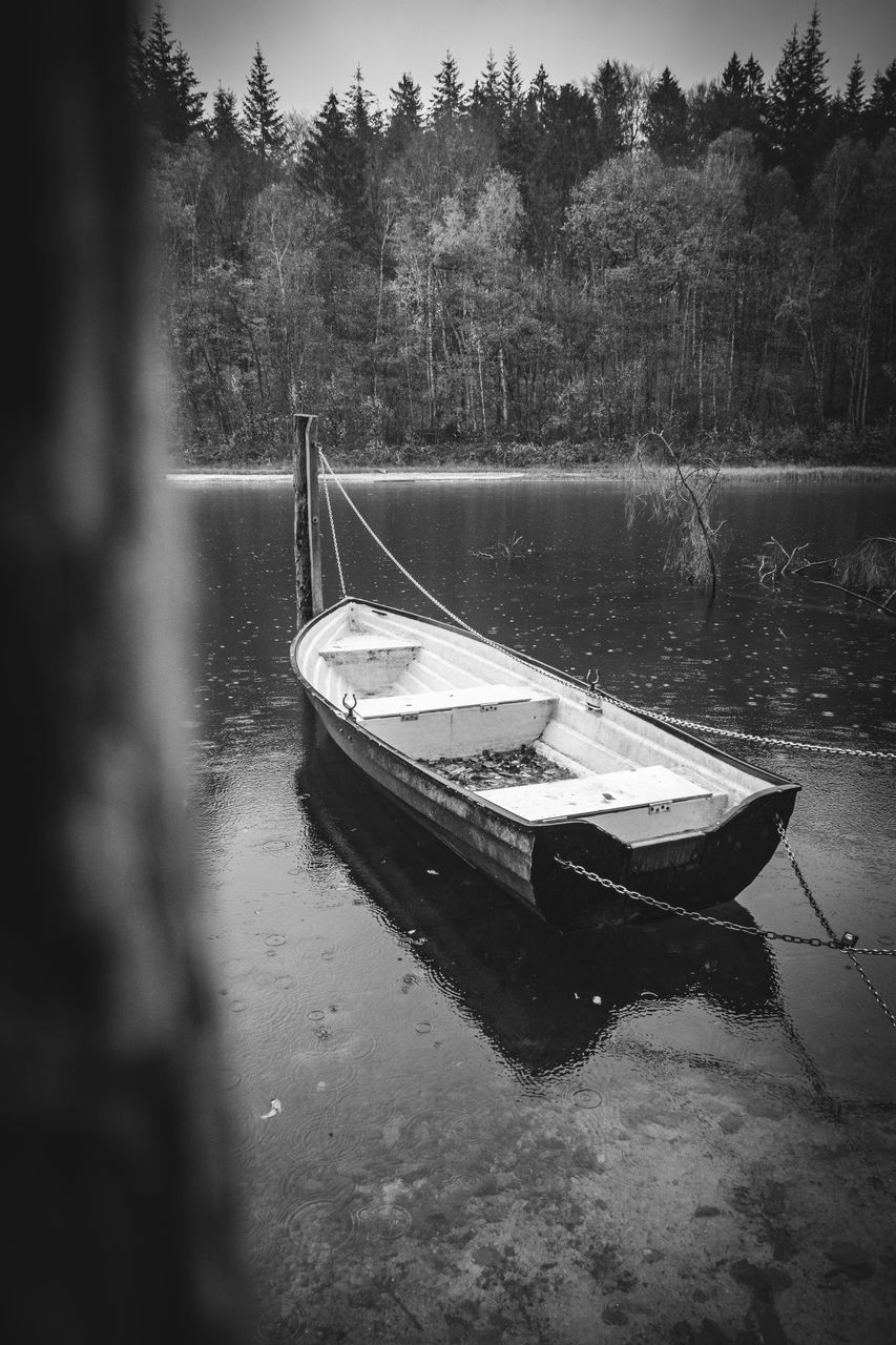 black and white, water, monochrome, nautical vessel, monochrome photography, tree, darkness, reflection, black, transportation, nature, plant, boat, moored, vehicle, lake, mode of transportation, no people, tranquility, white, morning, sky, day, tranquil scene, forest, outdoors, scenics - nature, land, watercraft, beauty in nature, rowboat, non-urban scene