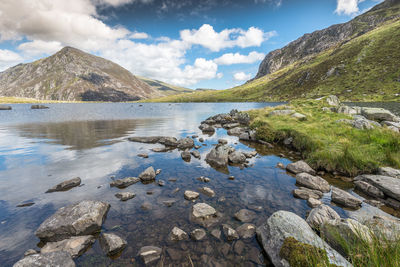 Scenic view of lake and mountains against sky