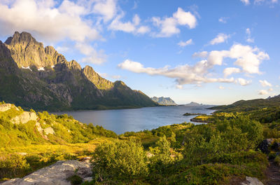 Scenic view of sea and mountains against sky