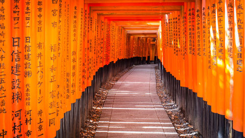 Empty footpath amidst torii gates at fushimi inari shrine