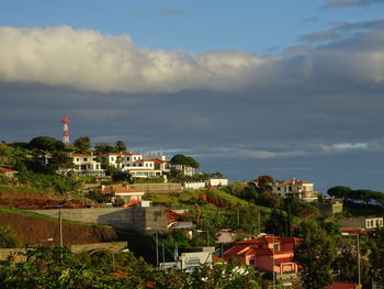 High angle shot of townscape against sky