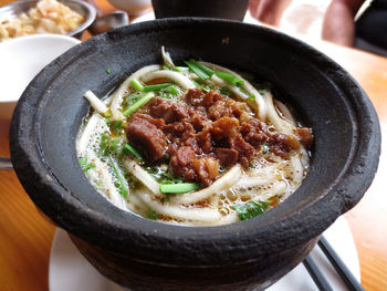 High angle view of food in bowl on table