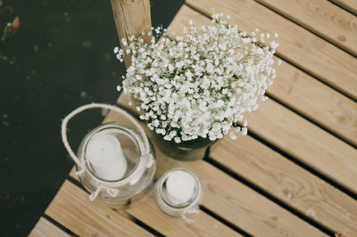 High angle view of white flower in vase on table
