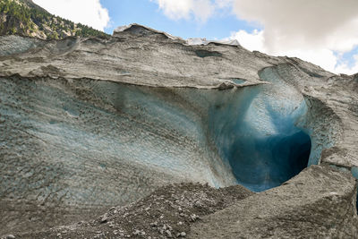 Exterior of the ice cave, at the sea of ice glacier, the largest glacier in france, chamonix, france