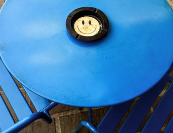 Close-up high angle view of blue container