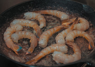 High angle view of meat in cooking pan