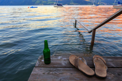 High angle view of food on table at lake