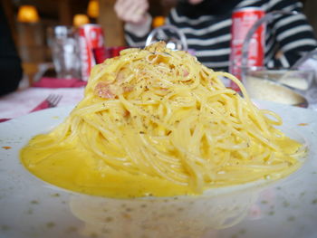 Close-up of noodles in bowl on table