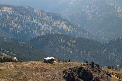 High angle view of land against mountains