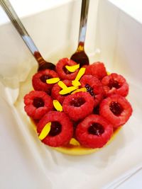 High angle view of dessert in plate on table