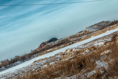 Scenic view of snow covered land against sky