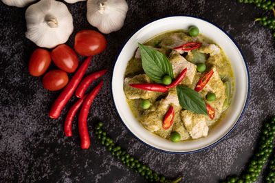 High angle view of vegetables in bowl on table