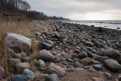 Rocks on shore at beach against sky