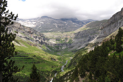 Scenic view of valley and mountains against sky