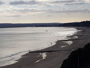 Scenic view of beach against sky during sunset