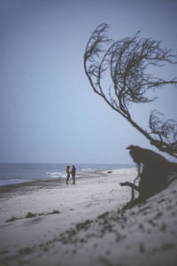 People walking on beach against clear sky