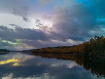 Scenic view of lake by mountains against sky